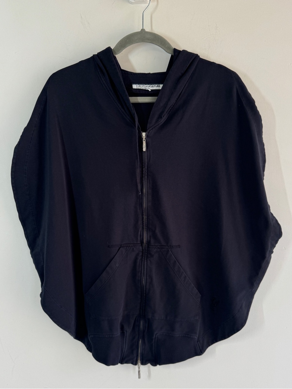 European Culture Black Cape Hoodie Small Zip Up Oversized Boho Lagenlook Jacket